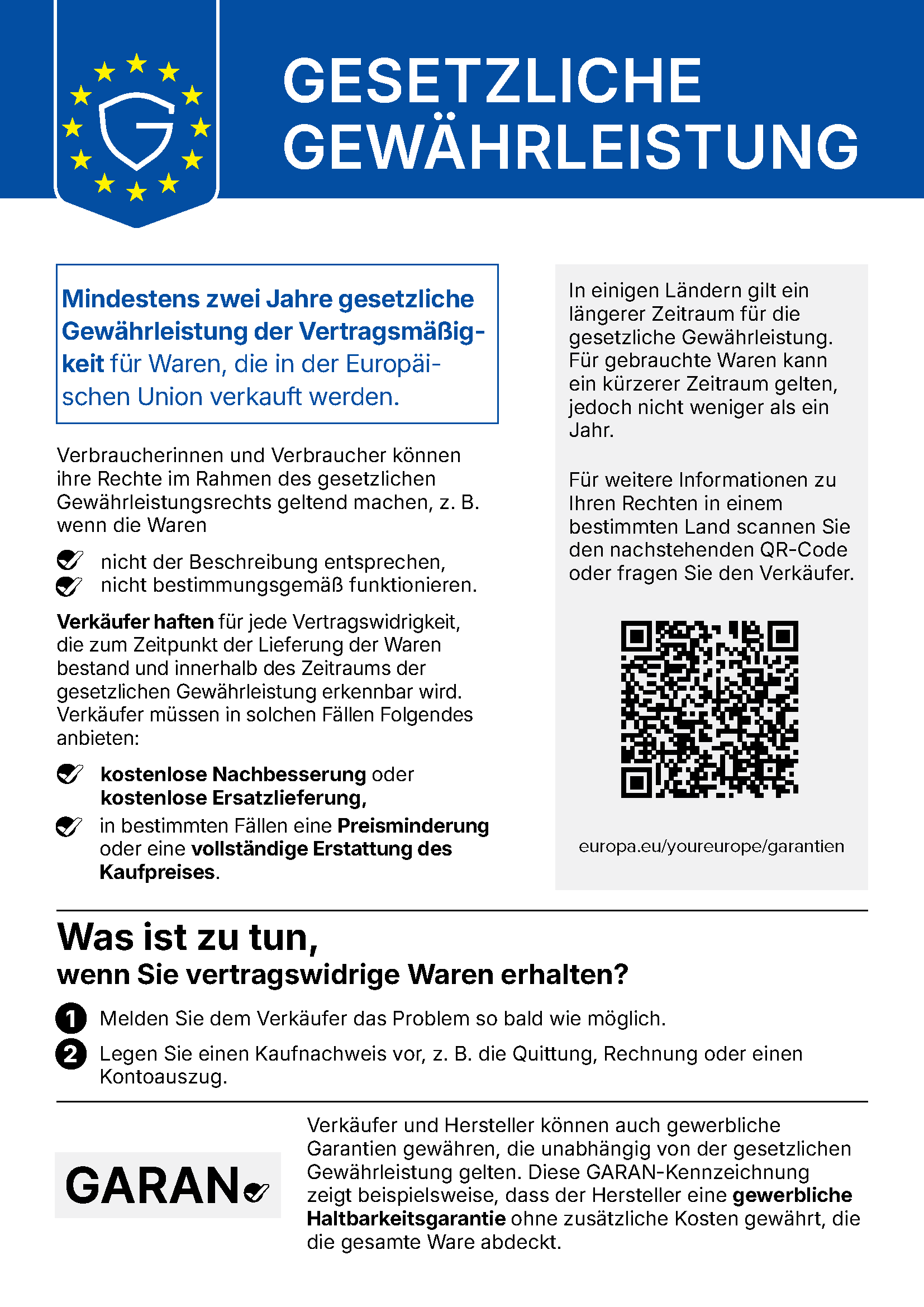 EU-Mitteilung zur gesetzlichen Gewährleistung: Mindestens zwei Jahre gesetzliche Gewährleistung der Vertragsmäßigkeit für Waren, die in der Europäischen Union verkauft werden. Entsprechen Waren nicht der Beschreibung oder funktionieren sie nicht bestimmungsgemäß, müssen Verkäufer kostenlose Nachbesserung oder Ersatzlieferung anbieten, in bestimmten Fällen eine Preisminderung oder die vollständige Erstattung des Kaufpreises. Melden Sie das Problem dem Verkäufer so bald wie möglich und legen Sie einen Kaufnachweis vor.
