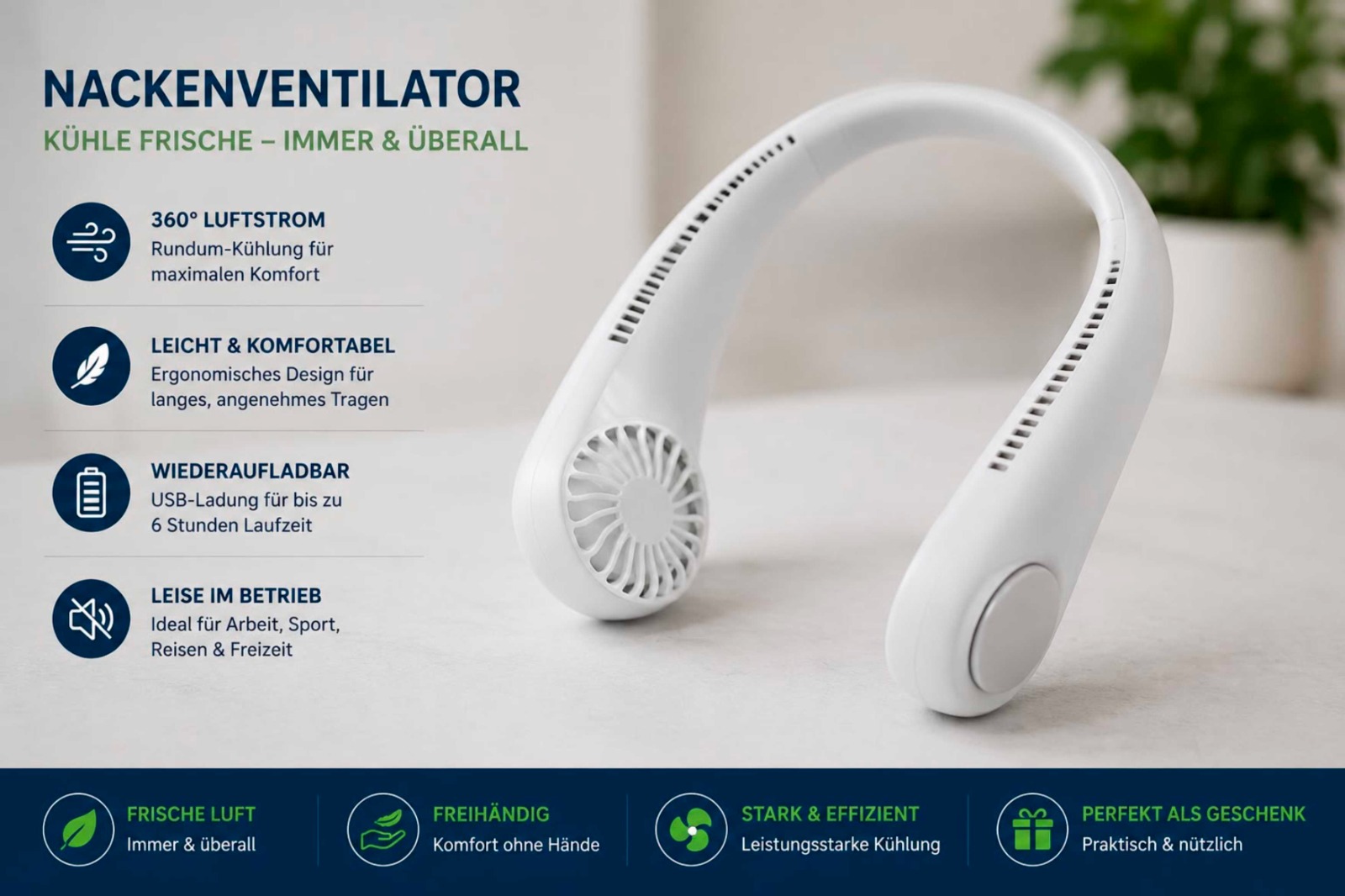 Weißer Nackenventilator mit zwei Gebläsen, wird um den Hals getragen